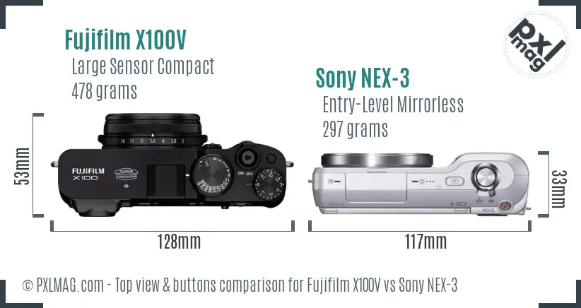 Fujifilm X100V vs Sony NEX-3 top view buttons comparison Fujifilm X100V vs Sony NEX-3 top view buttons comparison