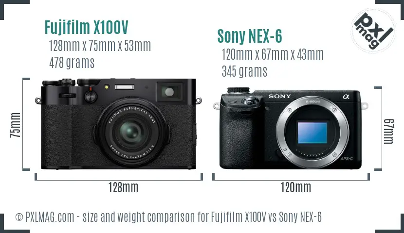 Fujifilm X100V vs Sony NEX-6 size comparison