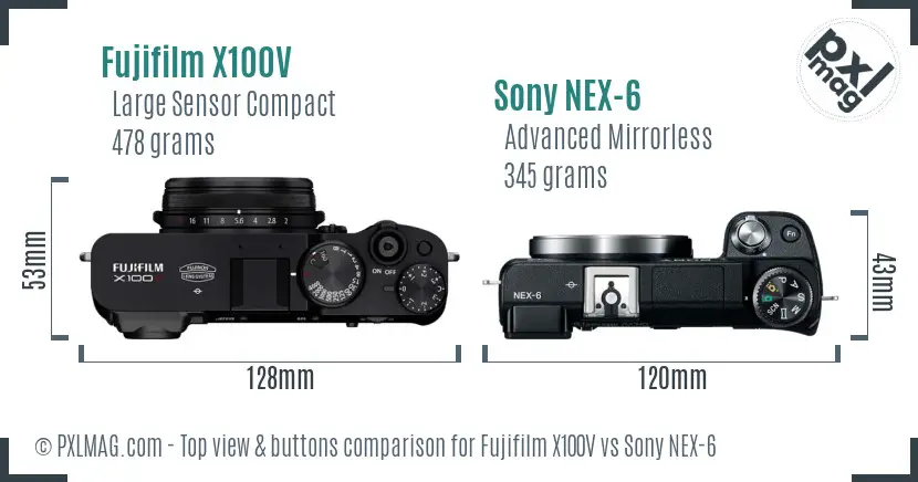 Fujifilm X100V vs Sony NEX-6 top view buttons comparison