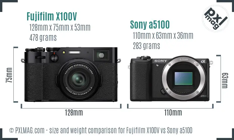 Fujifilm X100V vs Sony a5100 size comparison