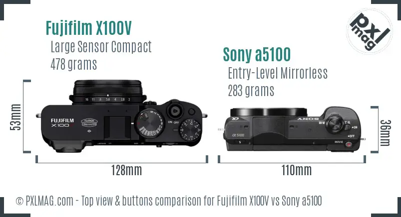 Fujifilm X100V vs Sony a5100 top view buttons comparison