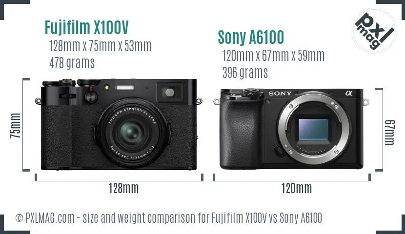 Fujifilm X100V vs Sony A6100 size comparison Fujifilm X100V vs Sony A6100 size comparison