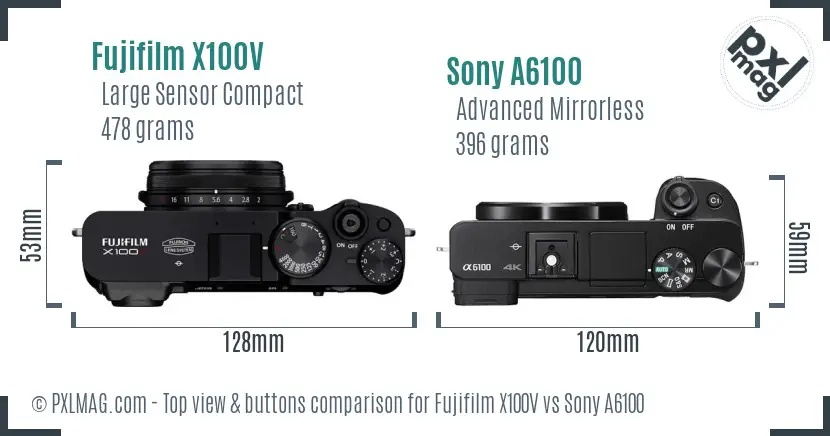 Fujifilm X100V vs Sony A6100 top view buttons comparison Fujifilm X100V vs Sony A6100 top view buttons comparison