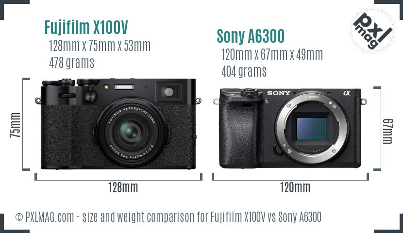 Fujifilm X100V vs Sony A6300 size comparison
