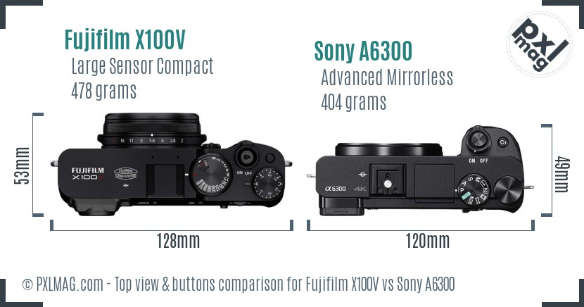 Fujifilm X100V vs Sony A6300 top view buttons comparison