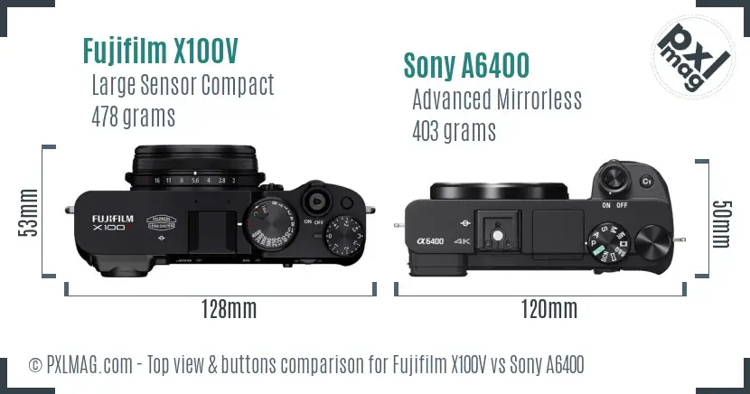 Fujifilm X100V vs Sony A6400 top view buttons comparison