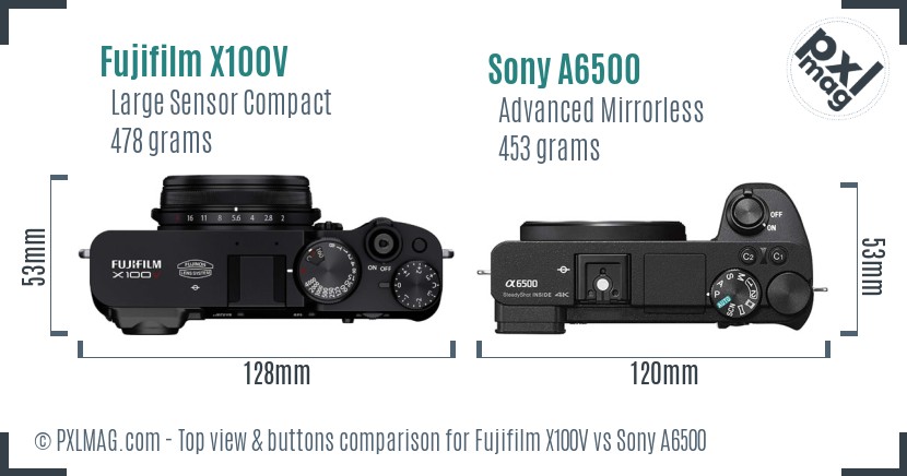 Fujifilm X100V vs Sony A6500 top view buttons comparison