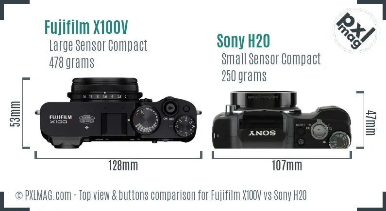 Fujifilm X100V vs Sony H20 top view buttons comparison Fujifilm X100V vs Sony H20 top view buttons comparison