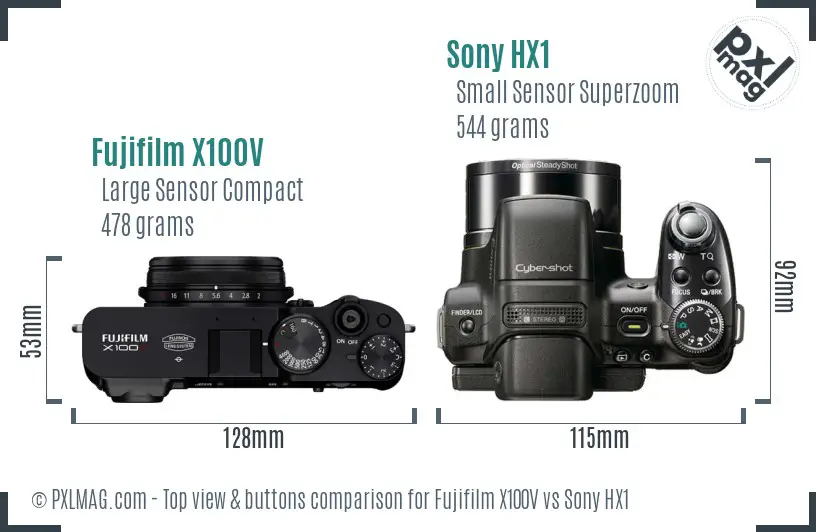 Fujifilm X100V vs Sony HX1 top view buttons comparison