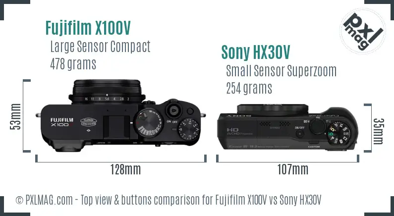 Fujifilm X100V vs Sony HX30V top view buttons comparison Fujifilm X100V vs Sony HX30V top view buttons comparison