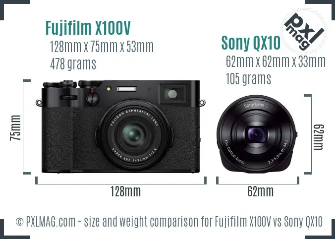 Fujifilm X100V vs Sony QX10 size comparison