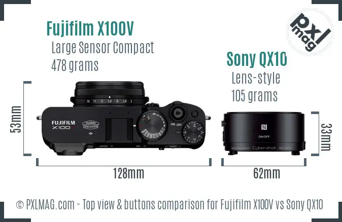 Fujifilm X100V vs Sony QX10 top view buttons comparison