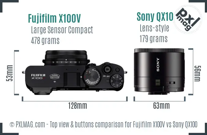 Fujifilm X100V vs Sony QX100 top view buttons comparison