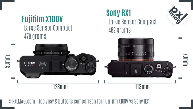 Fujifilm X100V vs Sony RX1 top view buttons comparison