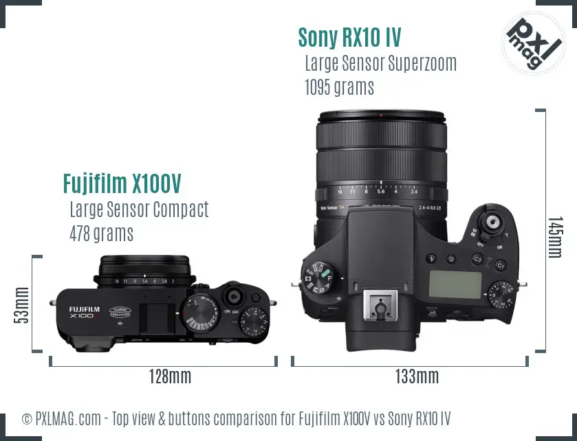 Fujifilm X100V vs Sony RX10 IV top view buttons comparison Fujifilm X100V vs Sony RX10 IV top view buttons comparison