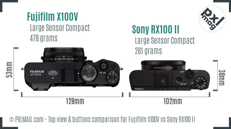 Fujifilm X100V vs Sony RX100 II top view buttons comparison