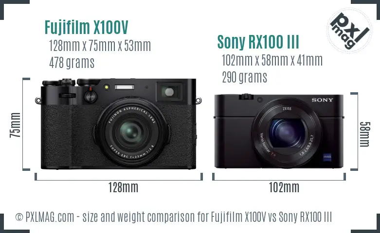 Fujifilm X100V vs Sony RX100 III size comparison