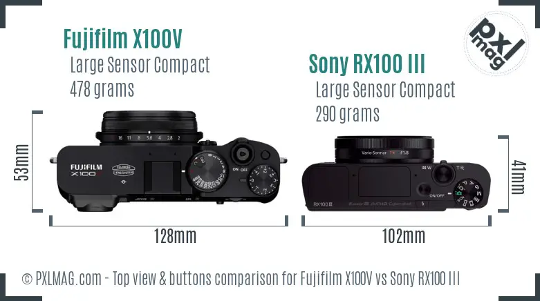 Fujifilm X100V vs Sony RX100 III top view buttons comparison