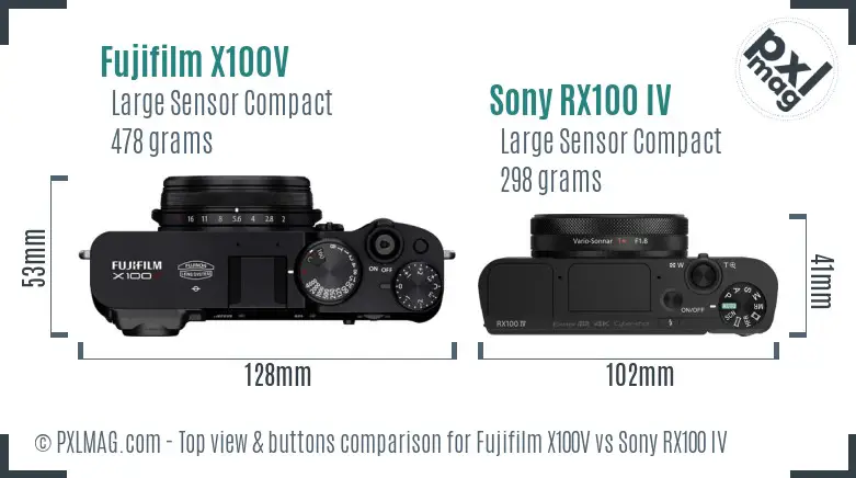 Fujifilm X100V vs Sony RX100 IV top view buttons comparison