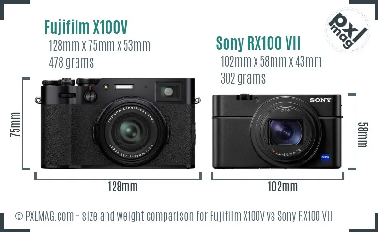 Fujifilm X100V vs Sony RX100 VII size comparison