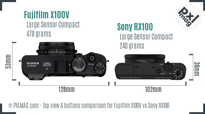 Fujifilm X100V vs Sony RX100 top view buttons comparison