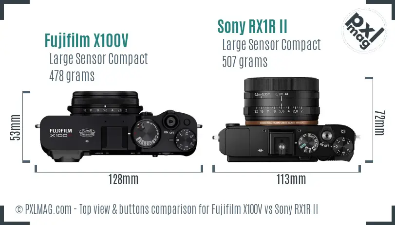 Fujifilm X100V vs Sony RX1R II top view buttons comparison