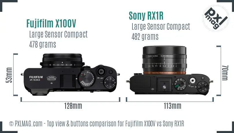 Fujifilm X100V vs Sony RX1R top view buttons comparison