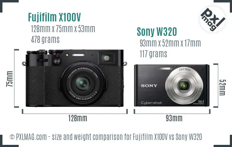 Fujifilm X100V vs Sony W320 size comparison