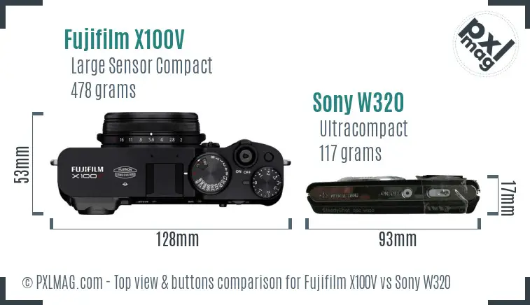 Fujifilm X100V vs Sony W320 top view buttons comparison