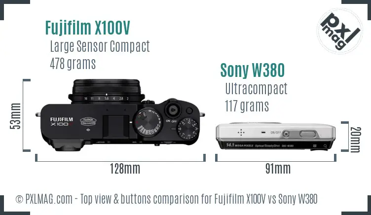Fujifilm X100V vs Sony W380 top view buttons comparison Fujifilm X100V vs Sony W380 top view buttons comparison