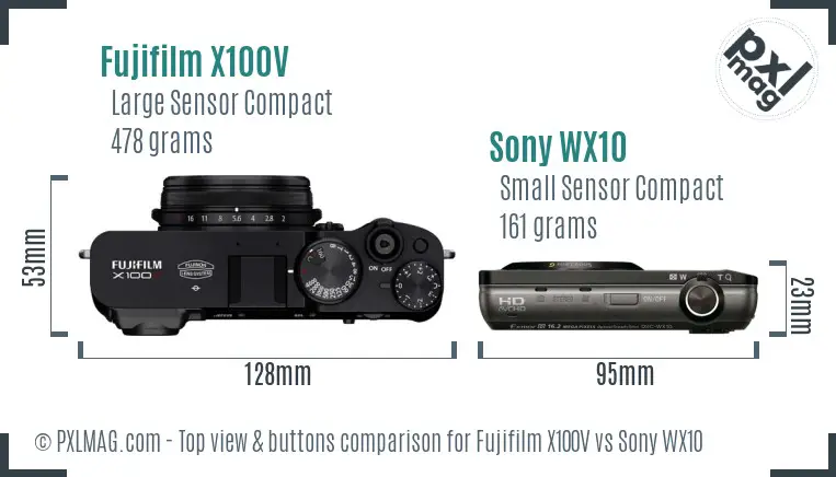Fujifilm X100V vs Sony WX10 top view buttons comparison