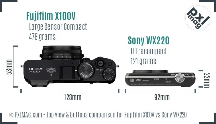 Fujifilm X100V vs Sony WX220 top view buttons comparison