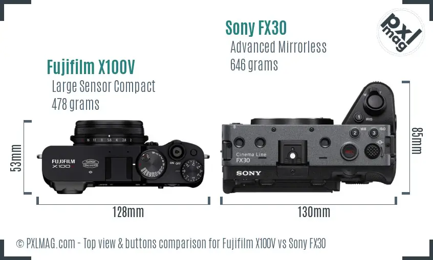Fujifilm X100V vs Sony FX30 top view buttons comparison Fujifilm X100V vs Sony FX30 top view buttons comparison