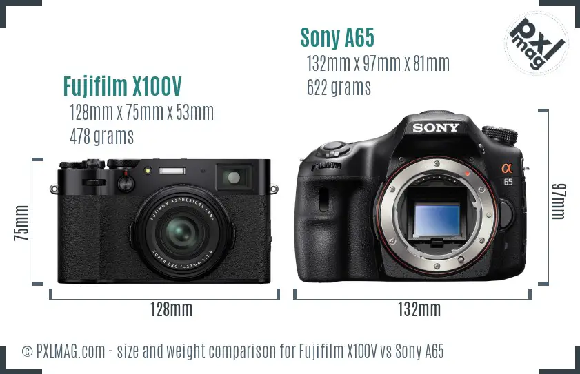 Fujifilm X100V vs Sony A65 size comparison Fujifilm X100V vs Sony A65 size comparison