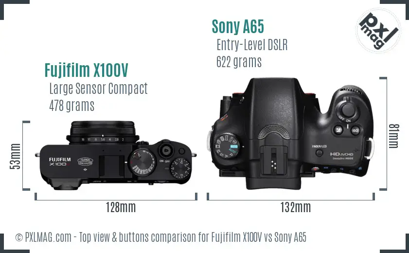 Fujifilm X100V vs Sony A65 top view buttons comparison Fujifilm X100V vs Sony A65 top view buttons comparison
