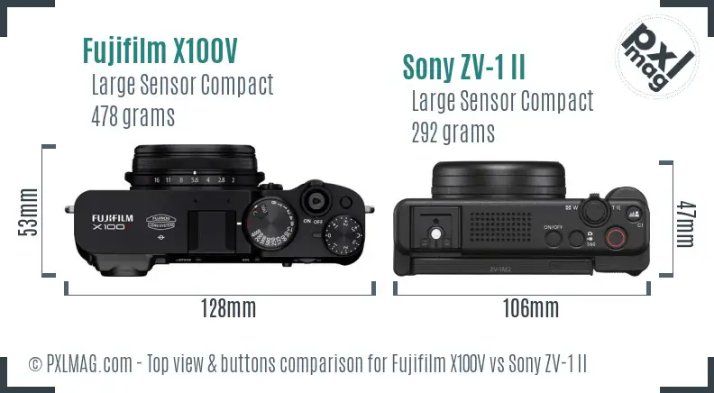 Fujifilm X100V vs Sony ZV-1 II top view buttons comparison