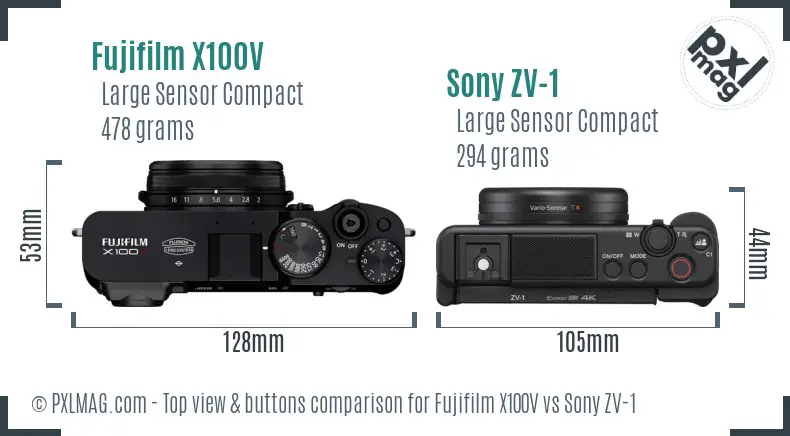 Fujifilm X100V vs Sony ZV-1 top view buttons comparison