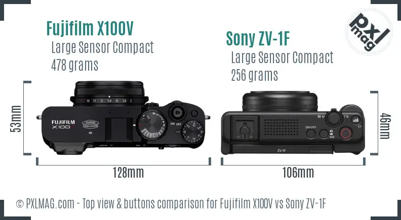 Fujifilm X100V vs Sony ZV-1F top view buttons comparison