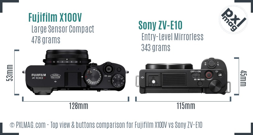 Fujifilm X100V vs Sony ZV-E10 top view buttons comparison