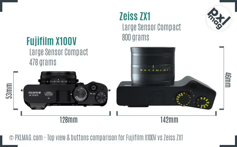Fujifilm X100V vs Zeiss ZX1 top view buttons comparison