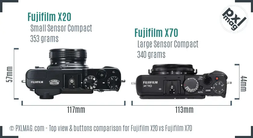 Fujifilm X20 vs Fujifilm X70 top view buttons comparison