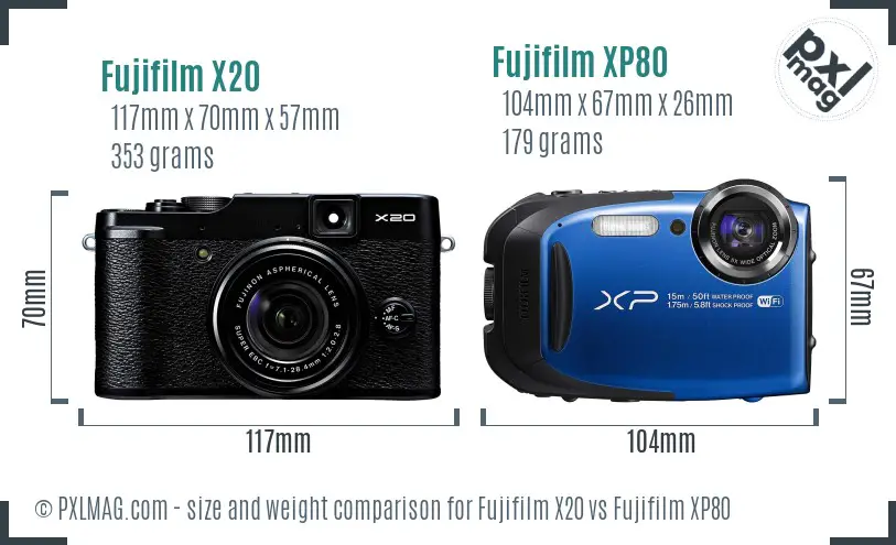 Fujifilm X20 vs Fujifilm XP80 size comparison