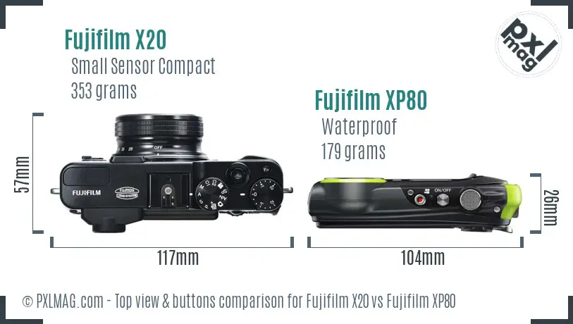 Fujifilm X20 vs Fujifilm XP80 top view buttons comparison