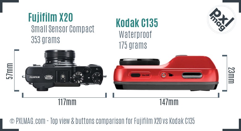 Fujifilm X20 vs Kodak C135 top view buttons comparison