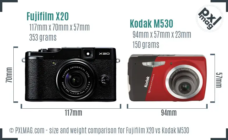 Fujifilm X20 vs Kodak M530 size comparison