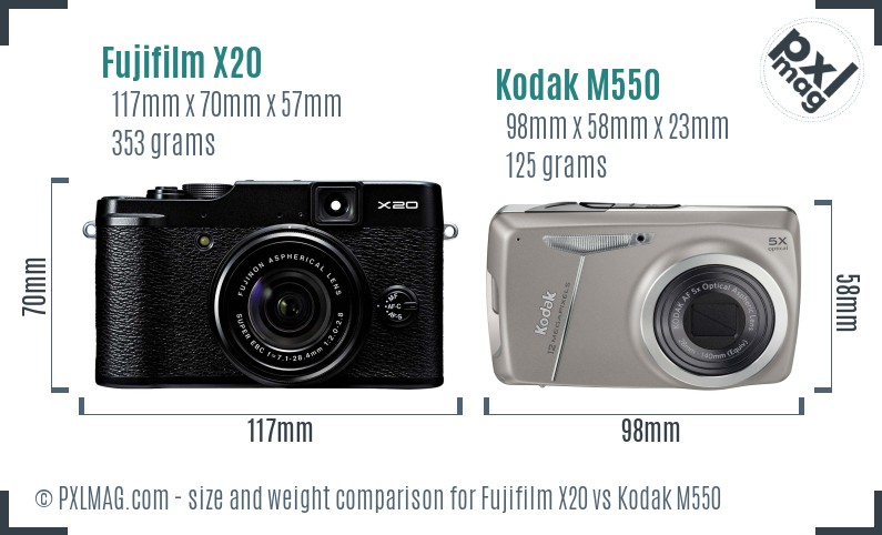 Fujifilm X20 vs Kodak M550 size comparison