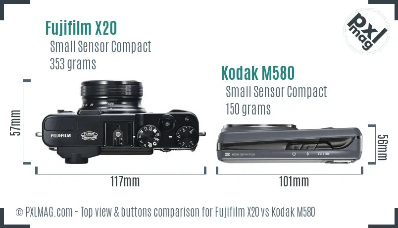 Fujifilm X20 vs Kodak M580 top view buttons comparison