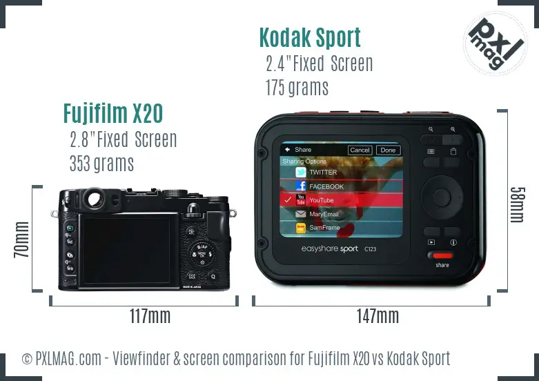 Fujifilm X20 vs Kodak Sport Screen and Viewfinder comparison