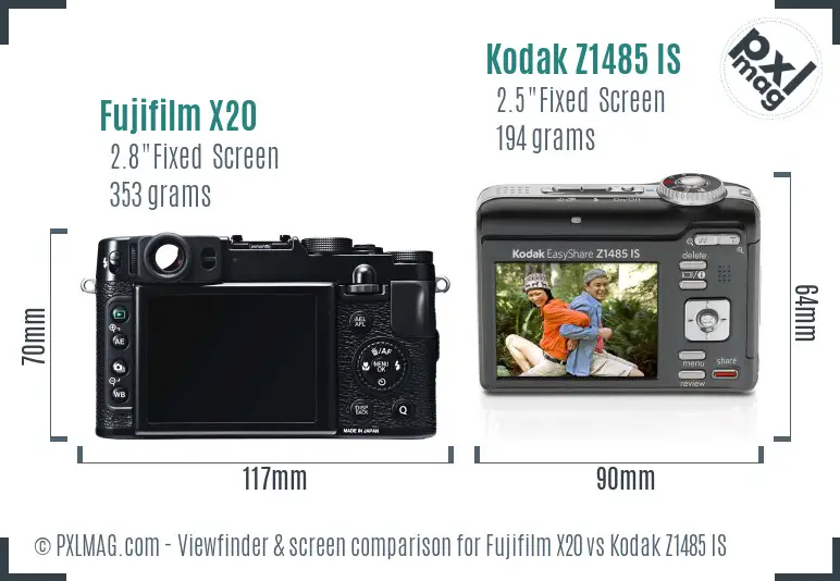 Fujifilm X20 vs Kodak Z1485 IS Screen and Viewfinder comparison