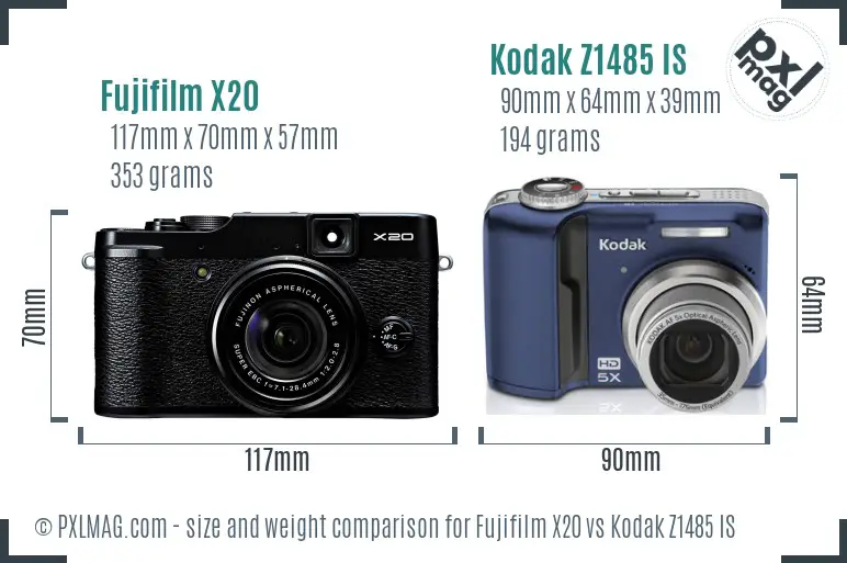 Fujifilm X20 vs Kodak Z1485 IS size comparison
